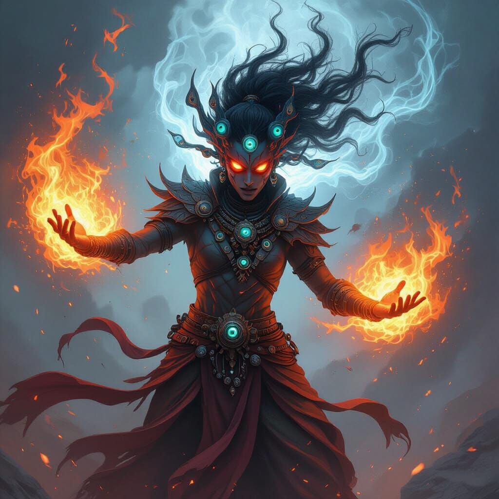 Ten Eyed Goloma Kineticist Wielding Fire and Wind