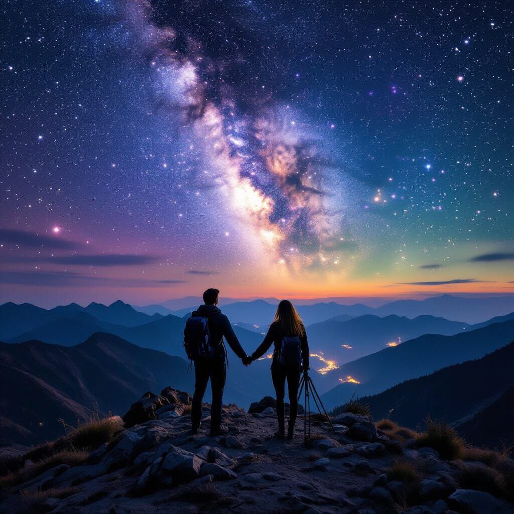 Couple Silhouetted Against Milky Way on Mountain Peak