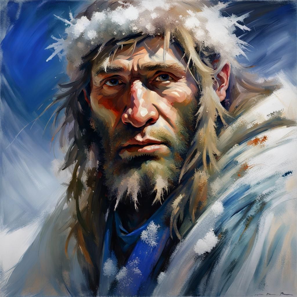 Neanderthal Man in Frozen Tundra, Detailed Painting