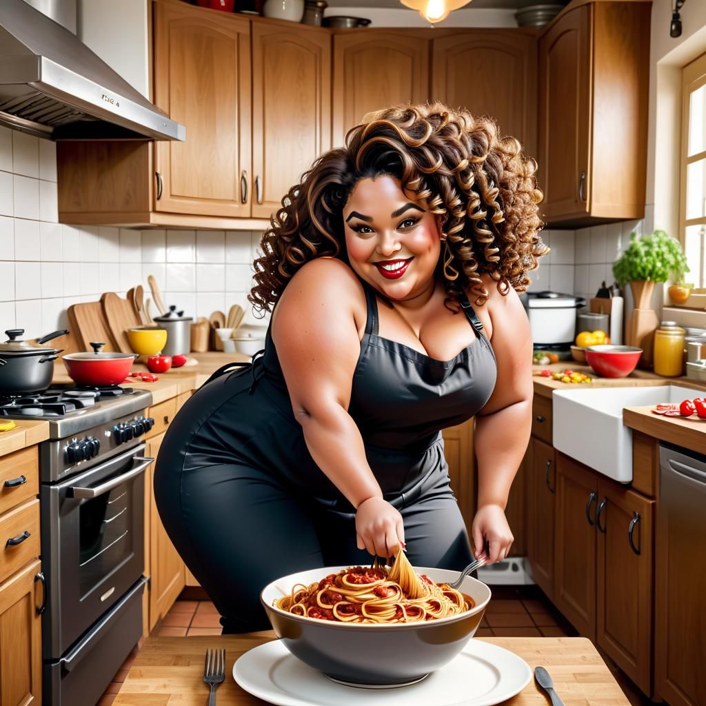 Plus Size Woman Making Spaghetti in Kitchen