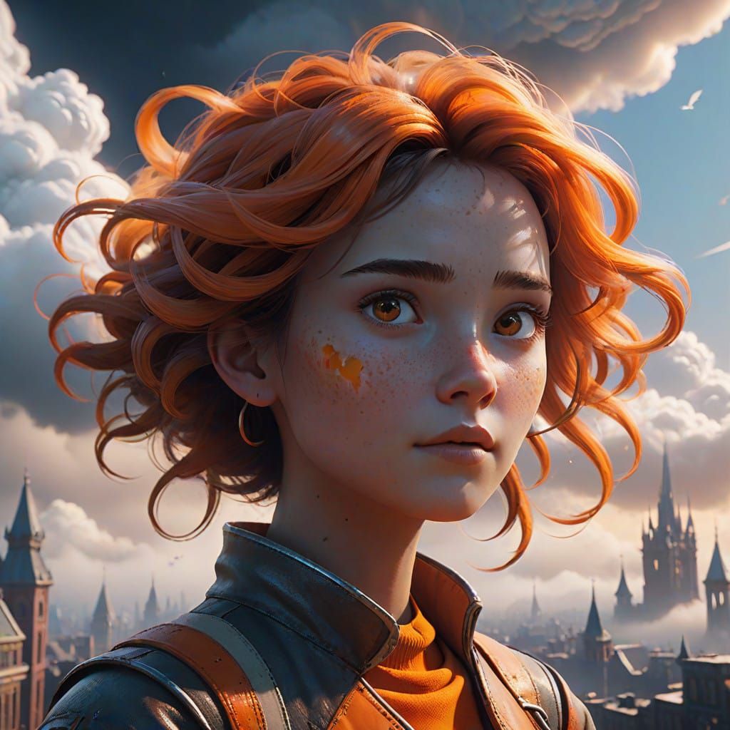 Whimsical Orange Cloud Cityscape with Majestic Air Elemental