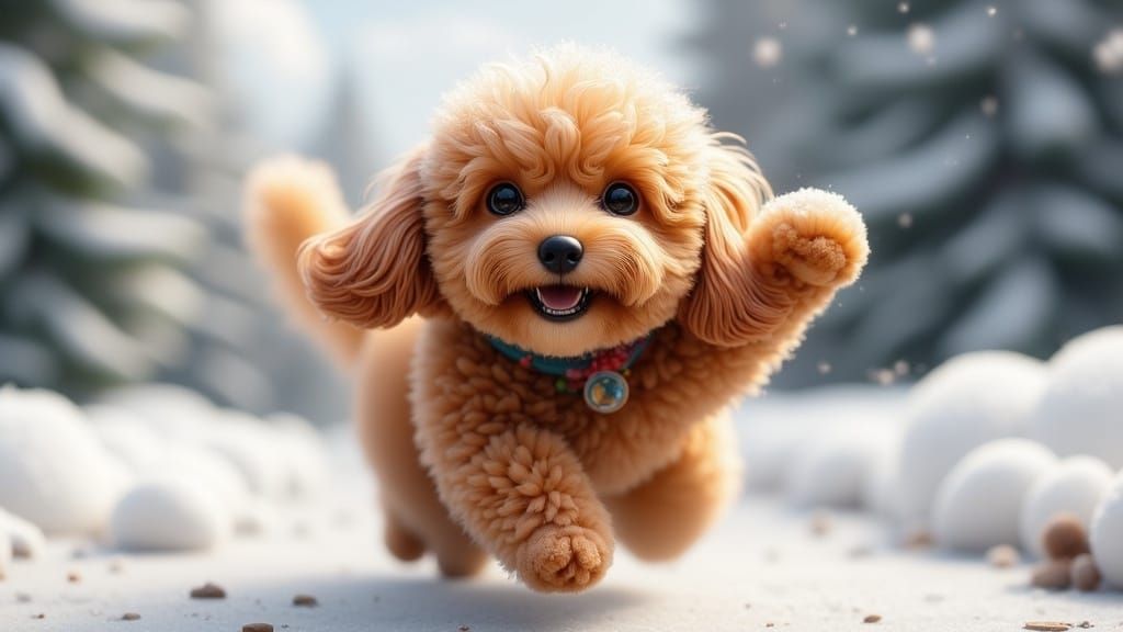 Ultra Cute Ginger Poodle Dog Soars Through Snowy Skies