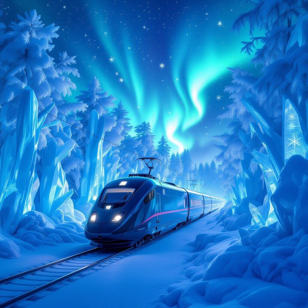 Bullet Train in Surreal Ice Crystal Forest