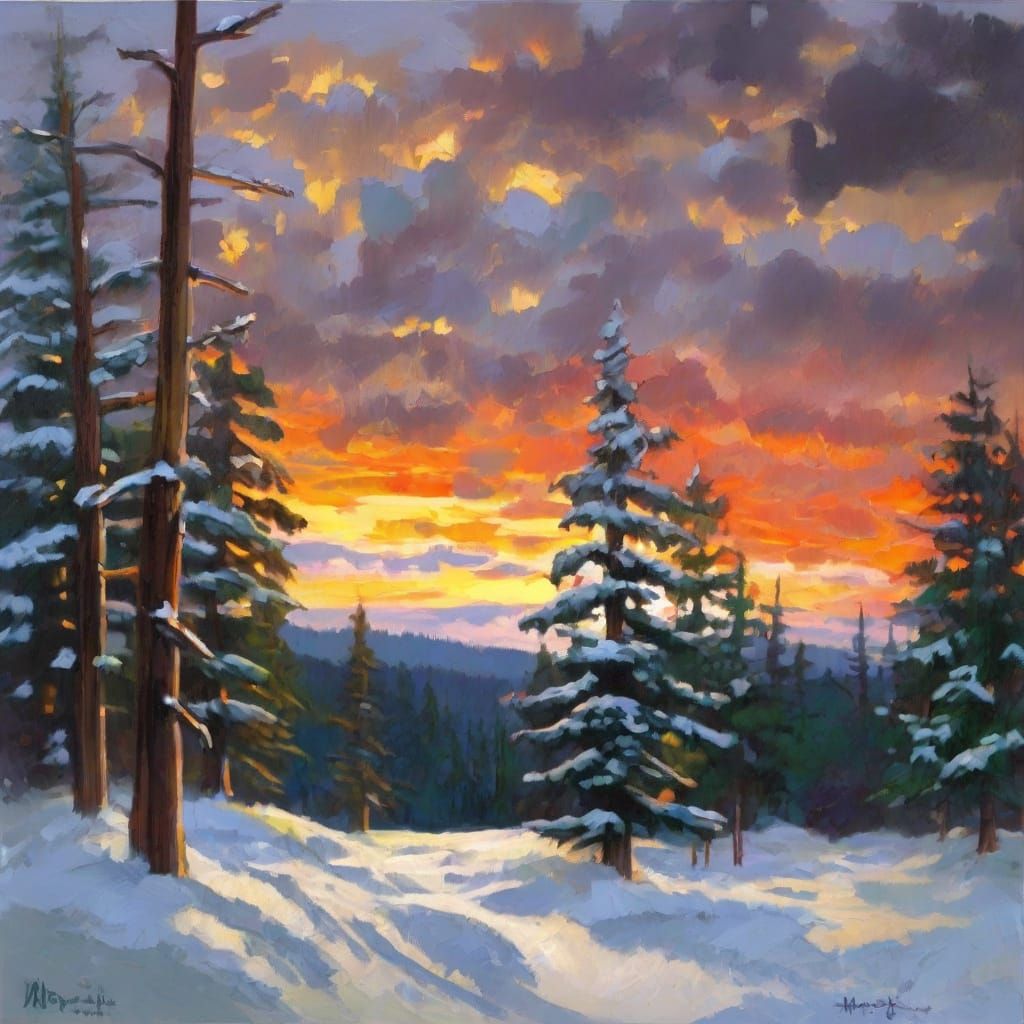 Winter Forest Sunset in Impressionist Watercolor Style