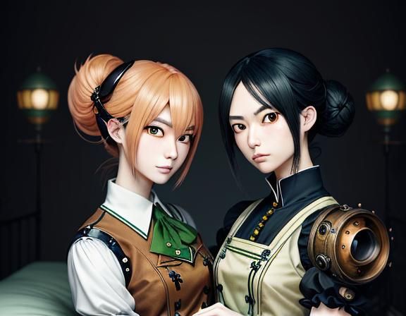 Twin Kemono Sisters Kissing in Steampunk Style