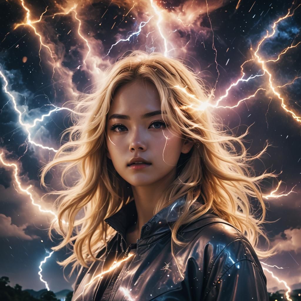 Ethereal Blonde Girl Under Nebula Thunderstorm