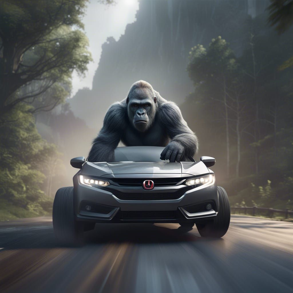 Gorilla Drives Honda Civic: Detailed Matte Painting