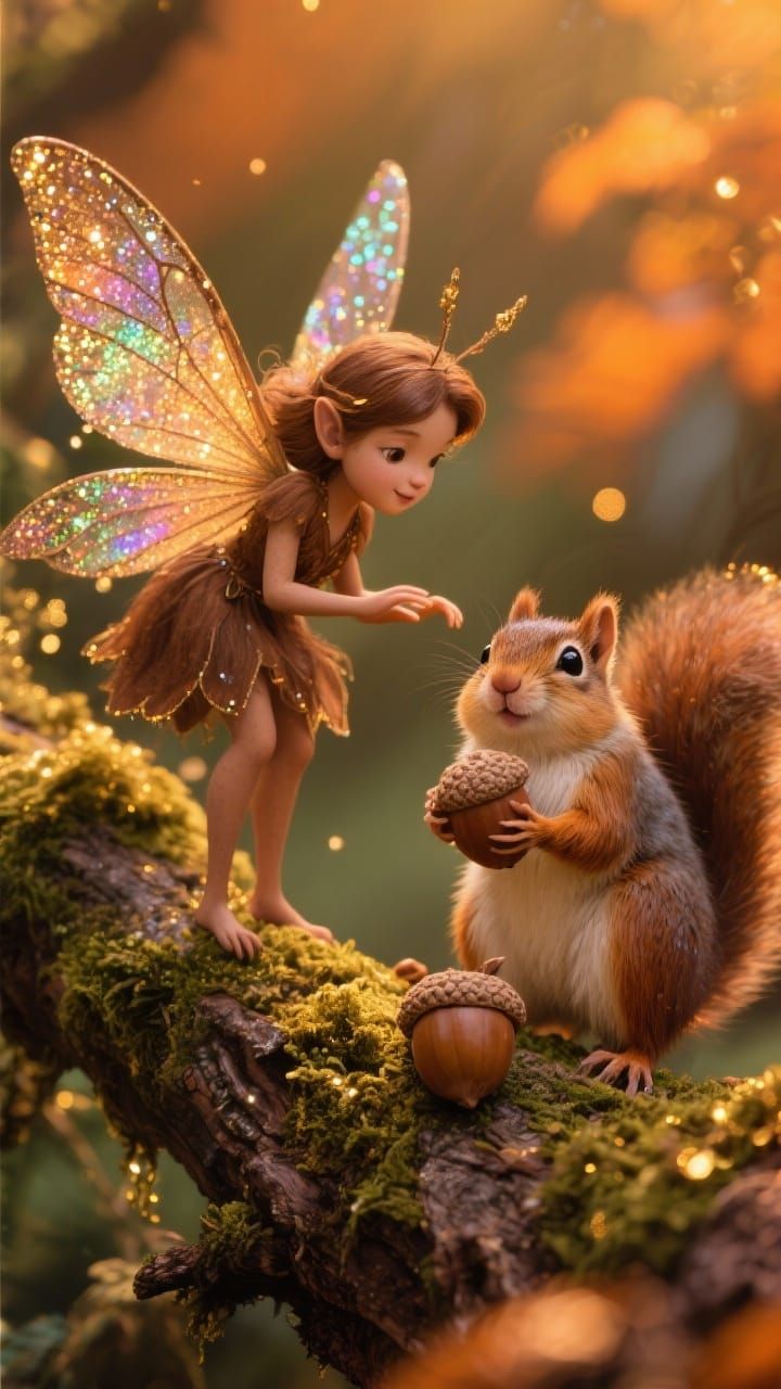 Brown Fairy with Glitter Wings and Chipmunk Gathering Acorns