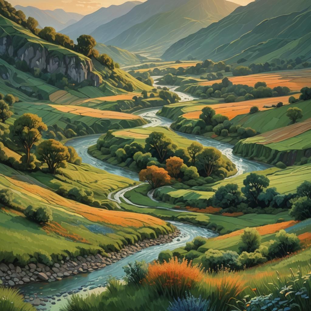 Impressionist Valley with River in Monet Style