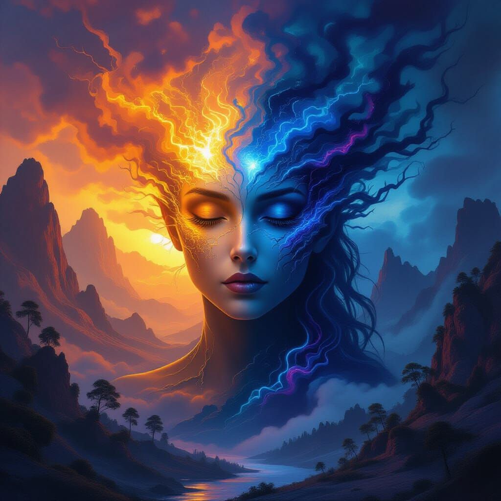 Two sides of a soul, one radiant with hope, the other steeped in the serene depth of night