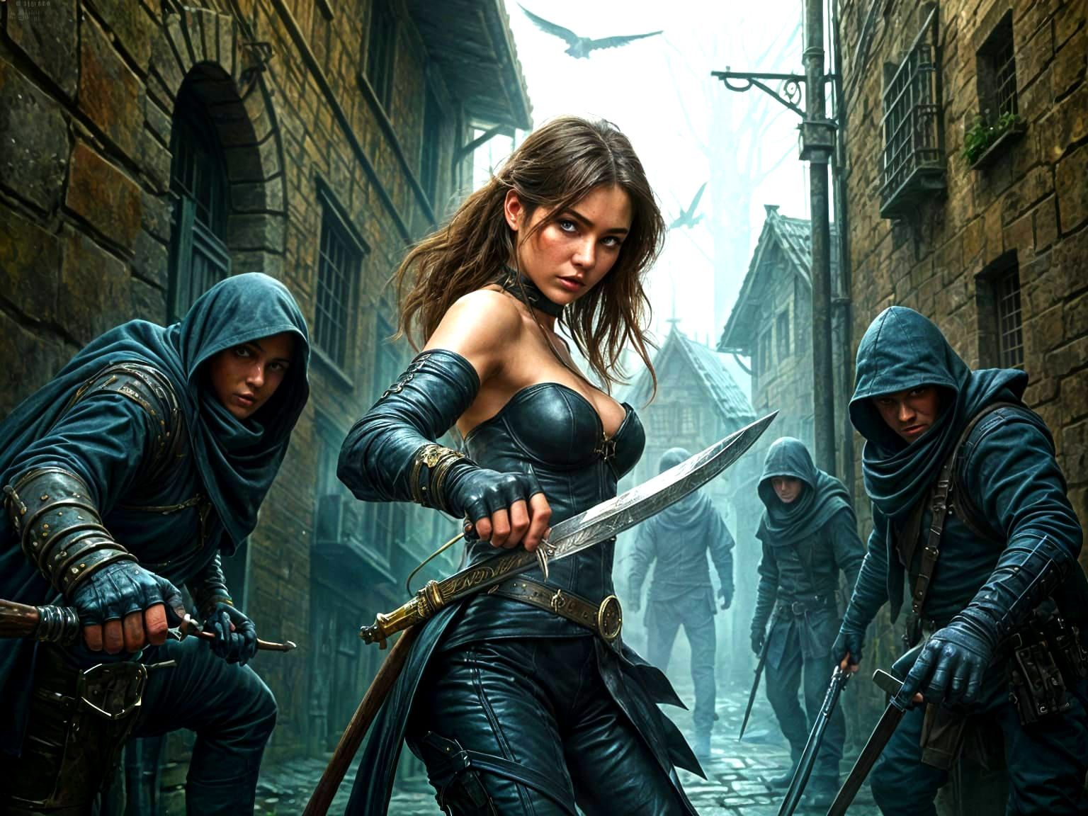 Medieval City Thief Confronts Thugs in Dark Alleyway