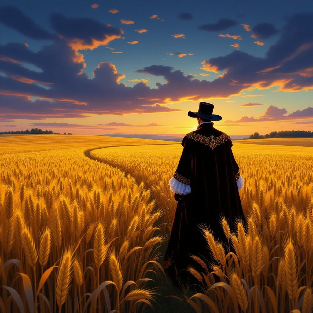 Baroque Noble in Wheat Field with Clockwork Landscape