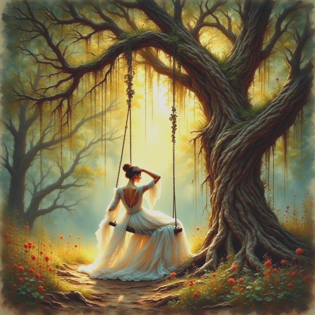 Woman on Swing in Forest, Antique Watercolor