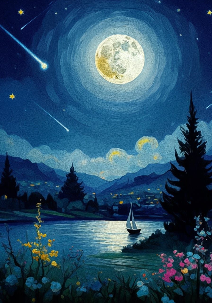 Vibrant Nocturnal Landscape in Post-Impressionist Style