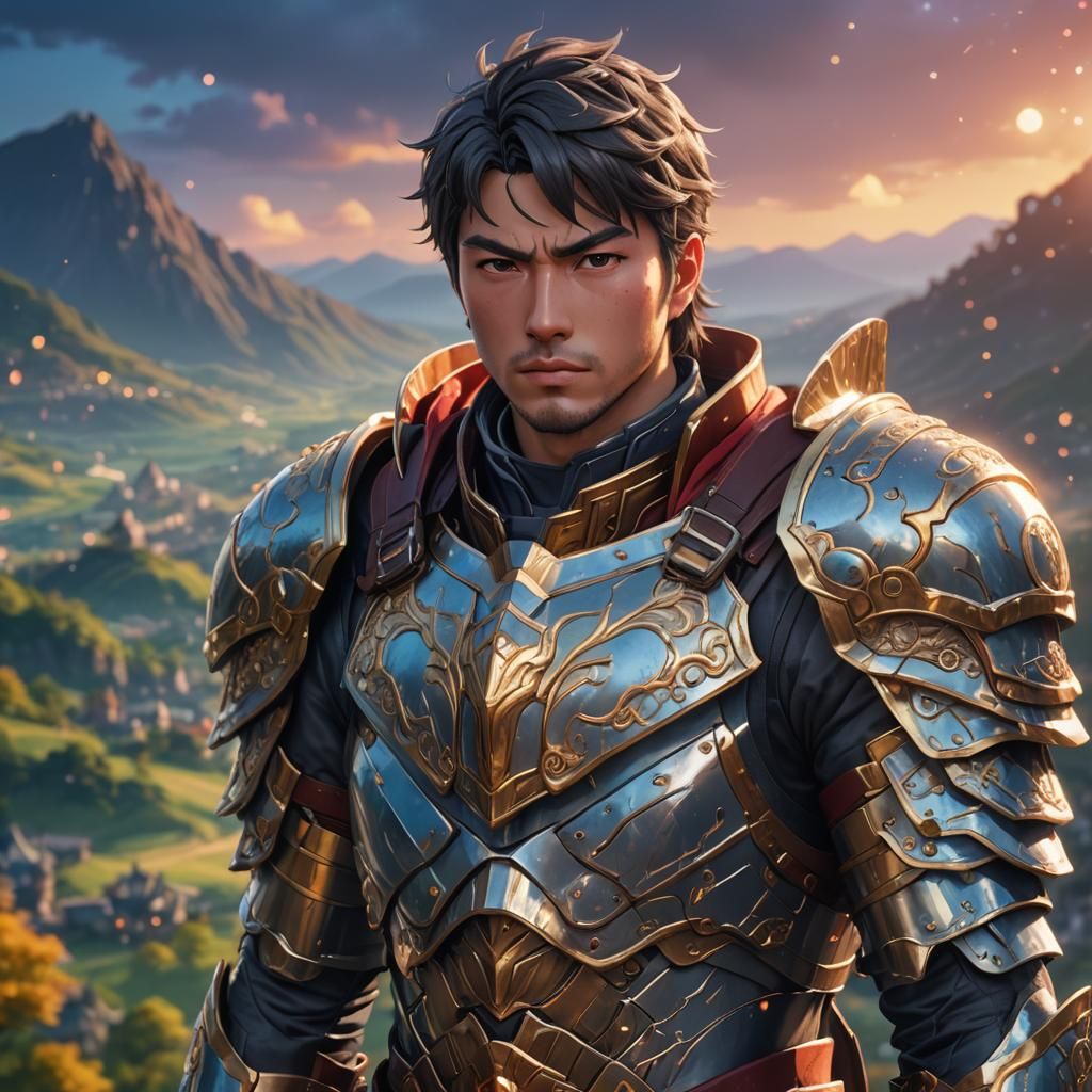 Anime Hero Portrait with Glowing Bokeh Lights