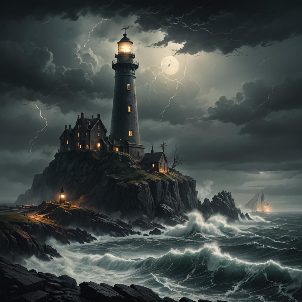 Dramatic Lighthouse on Cliff in Dark Fantasy Style