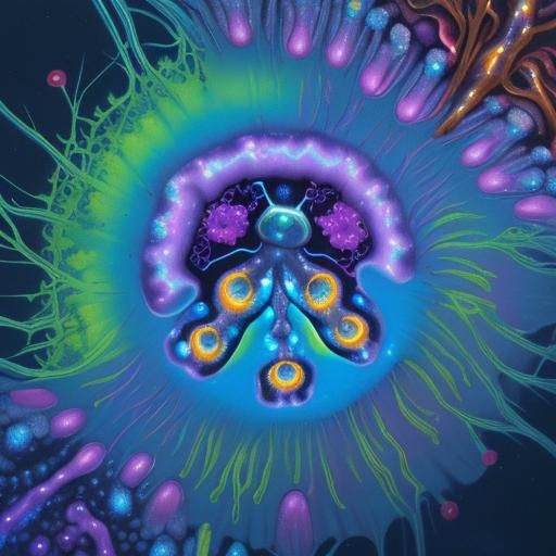 Bioluminescent Microscopic Organisms in Vibrant Oil Painting