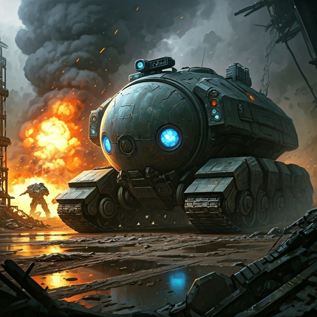 Sci-Fi Tank Battle with Mechs and Explosions
