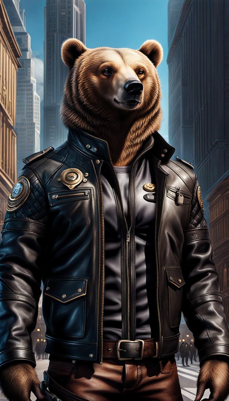 Bear in Leather Jacket in City, Detailed Art