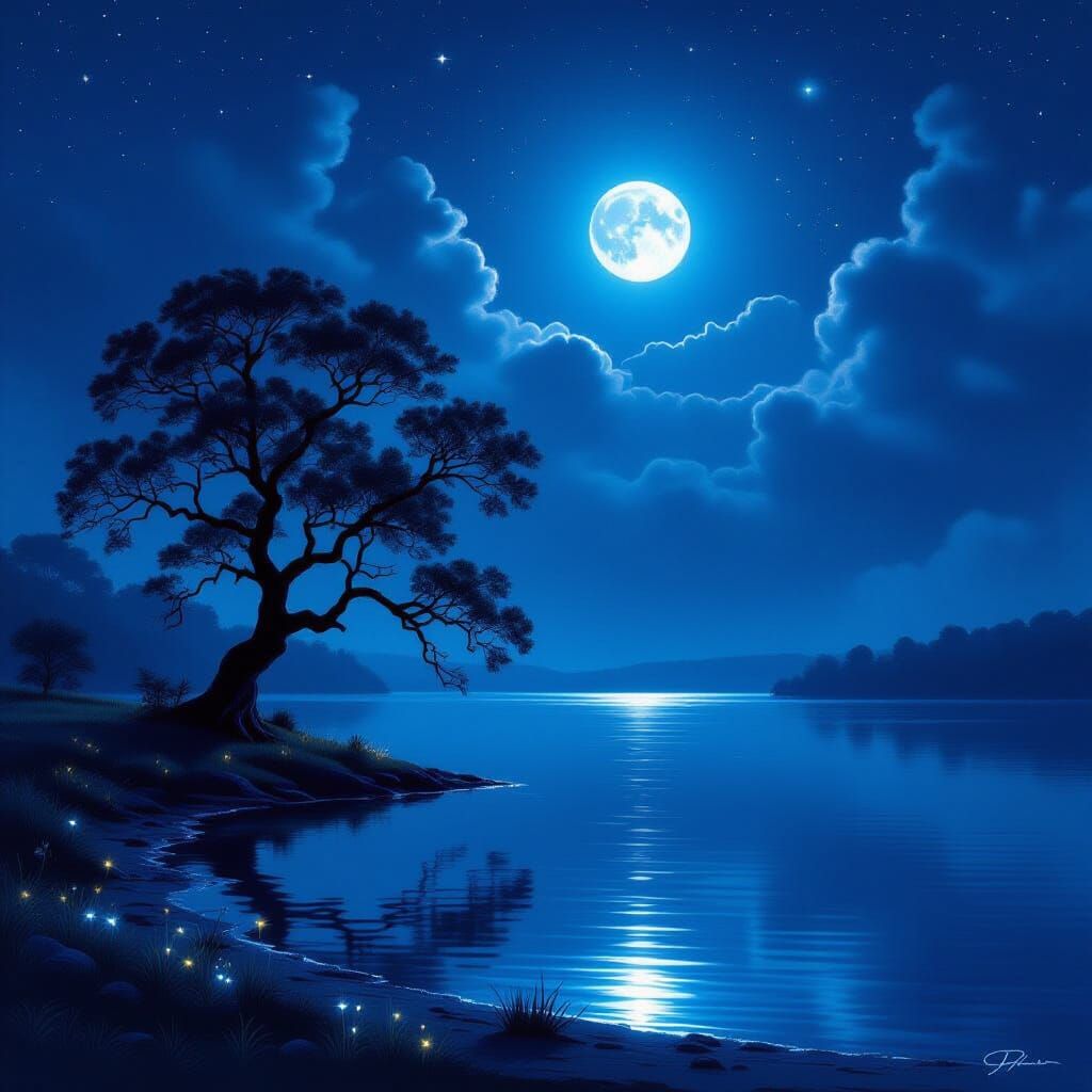 Ancient Oak by Luminous Moonlight Lake
