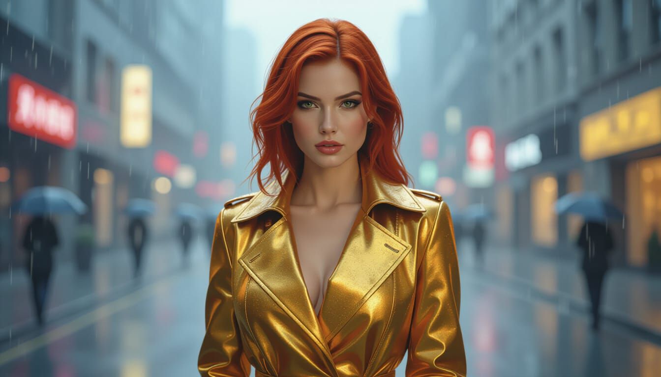 Woman in Gold Trench Coat, Photorealistic Digital Art