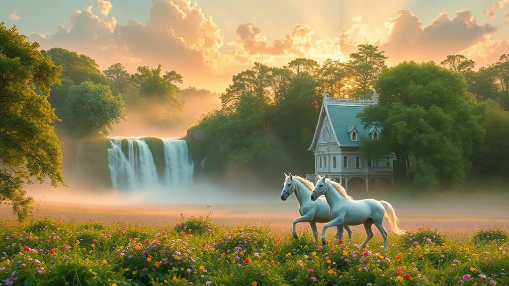Ethereal Summer Meadow with White Horses in Hyperreal Style