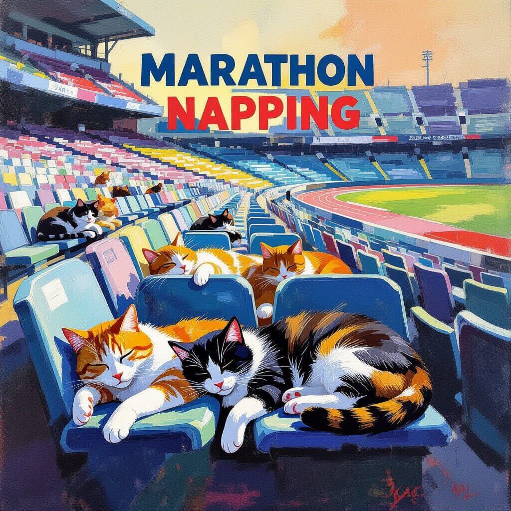 Cats Napping in Stadium, Vibrant Gouache & Watercolor