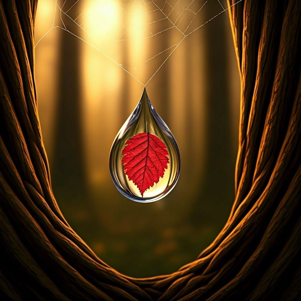 Autumn Leaf Suspended in Water Droplet