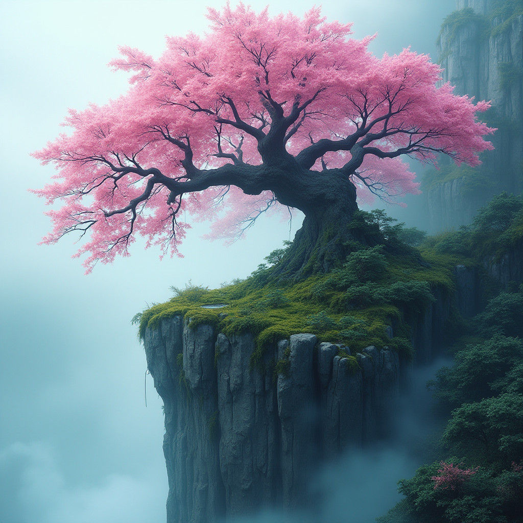 Majestic Sakura Tree on Misty Cliff: Fantasy Art