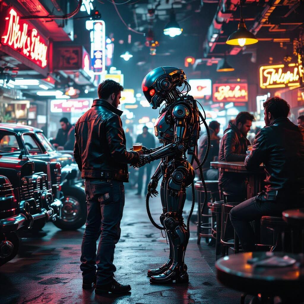 Dystopian Bar Scene: Cybernetic Singularity, Neon Lights