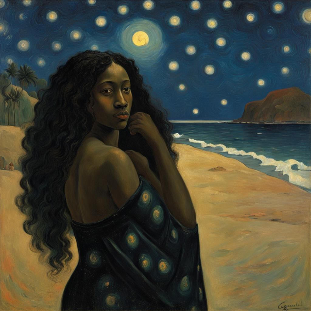 African Woman Under Starry Sky: Gauguin Style