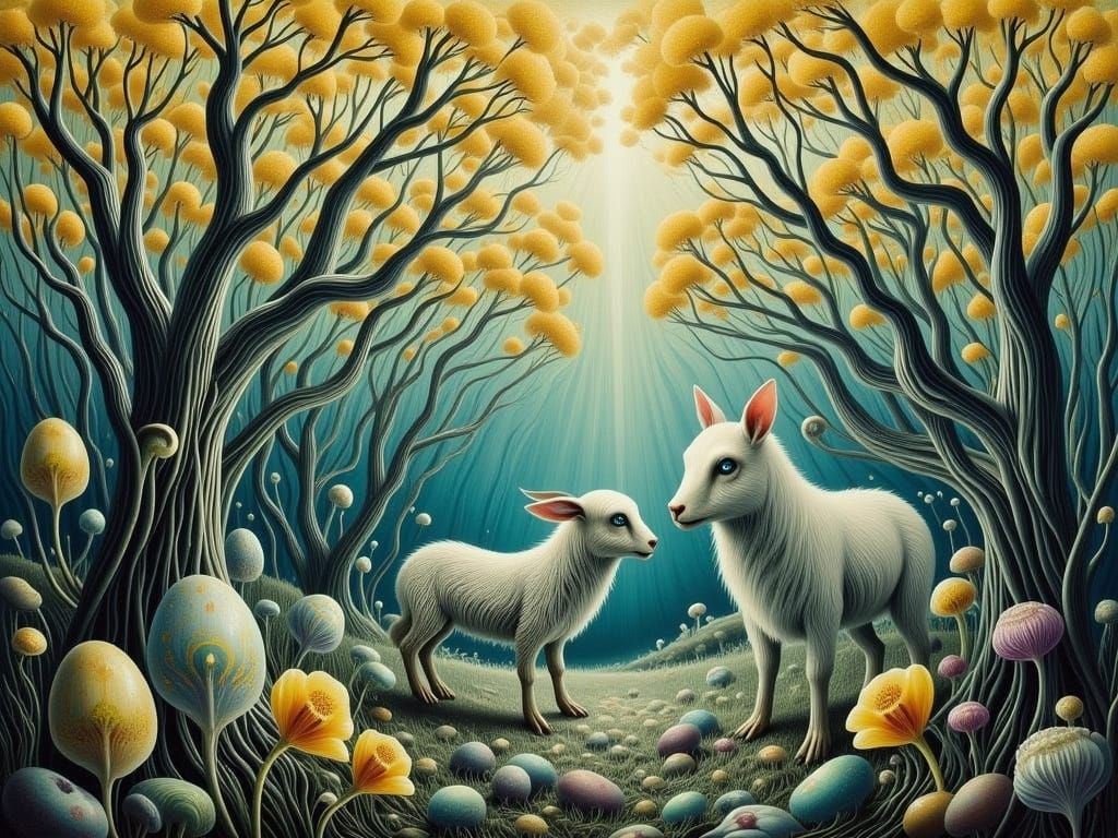 Surreal Easter Lambs in Coastal Forest, Inspired by Mark Ryd...