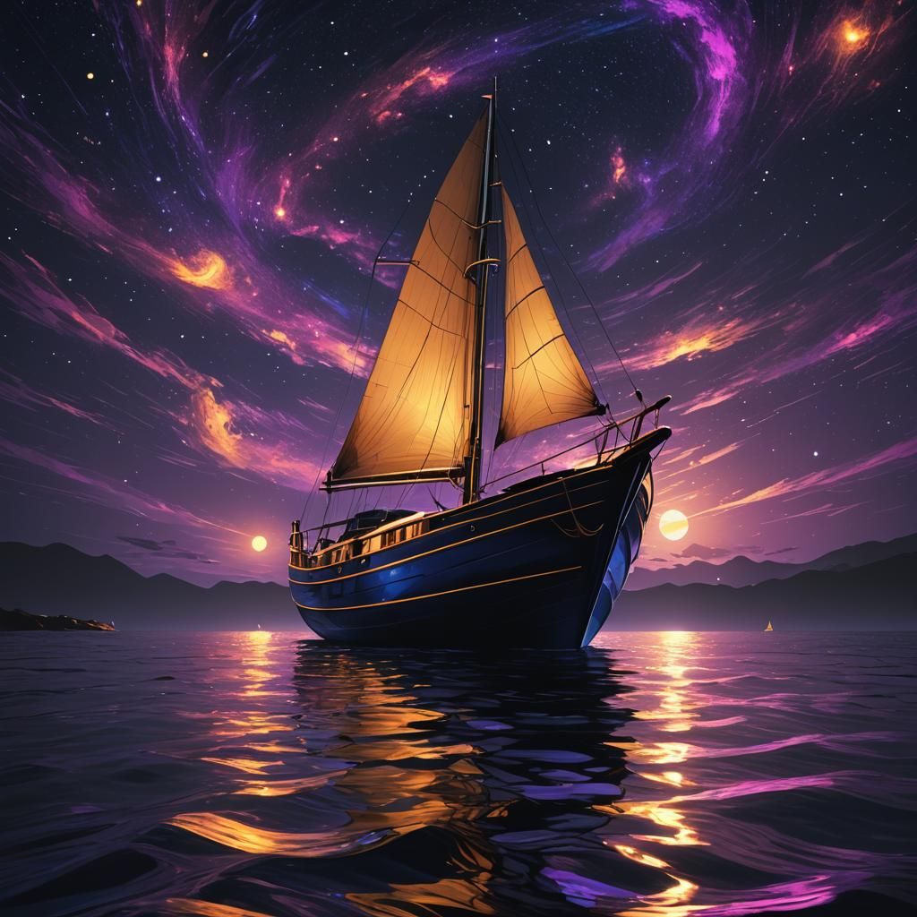 Glowing Sailboat at Night: Vibrant Digital Art