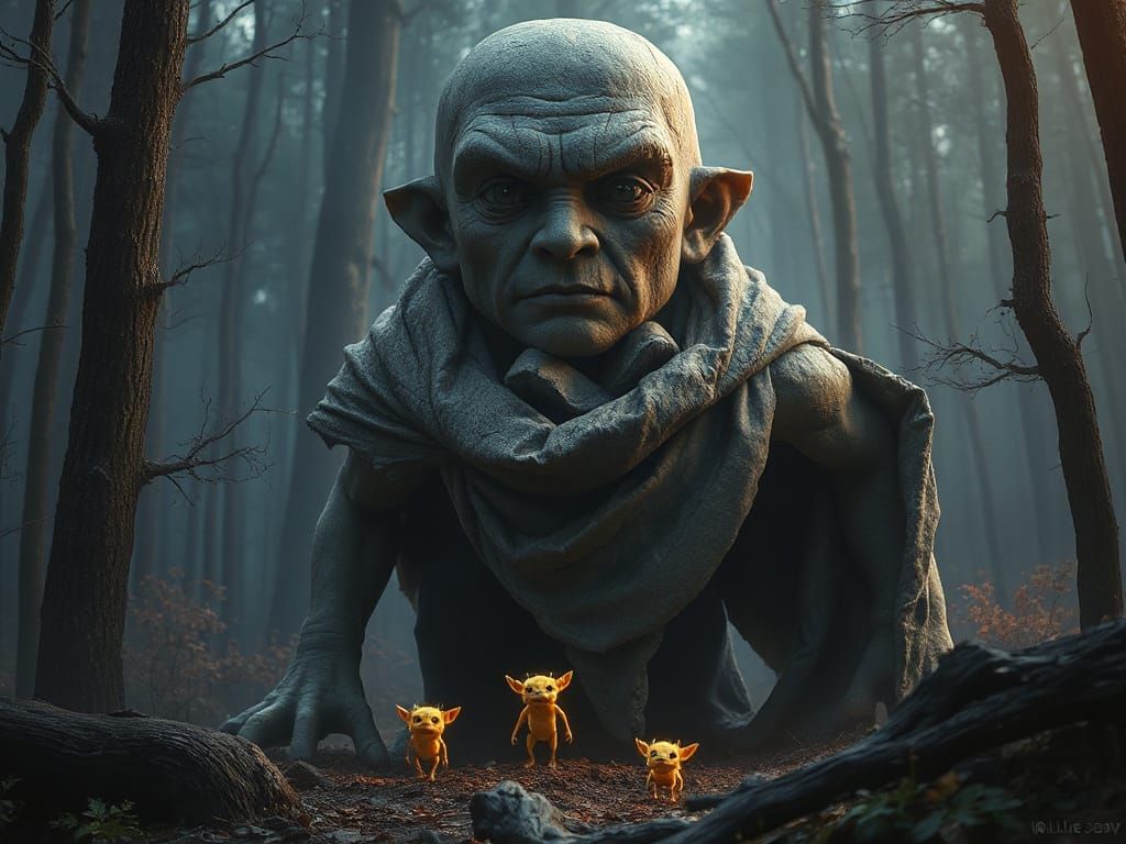 Stone Guardian Protecting Forest Creatures, Matte Painting