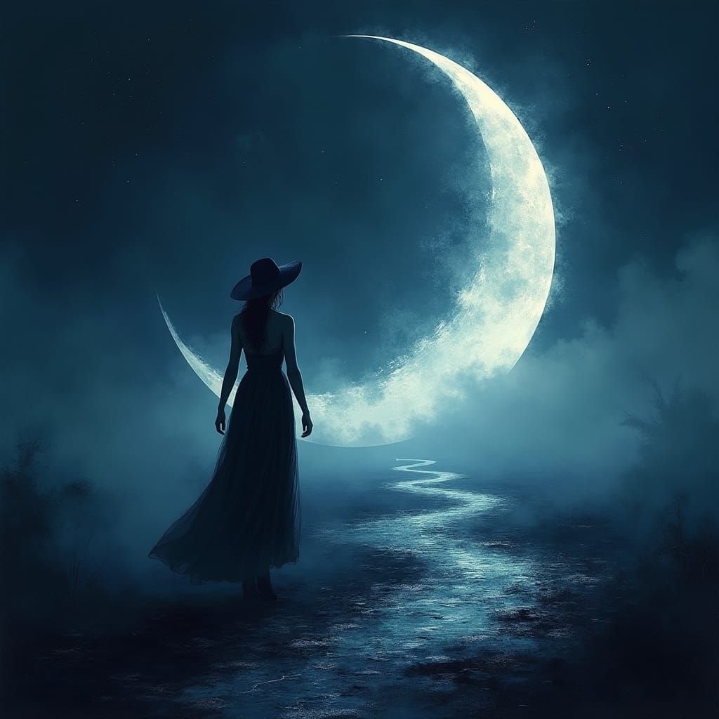 Surreal Moonlit Path: Woman Walks Towards Ethereal Crescent