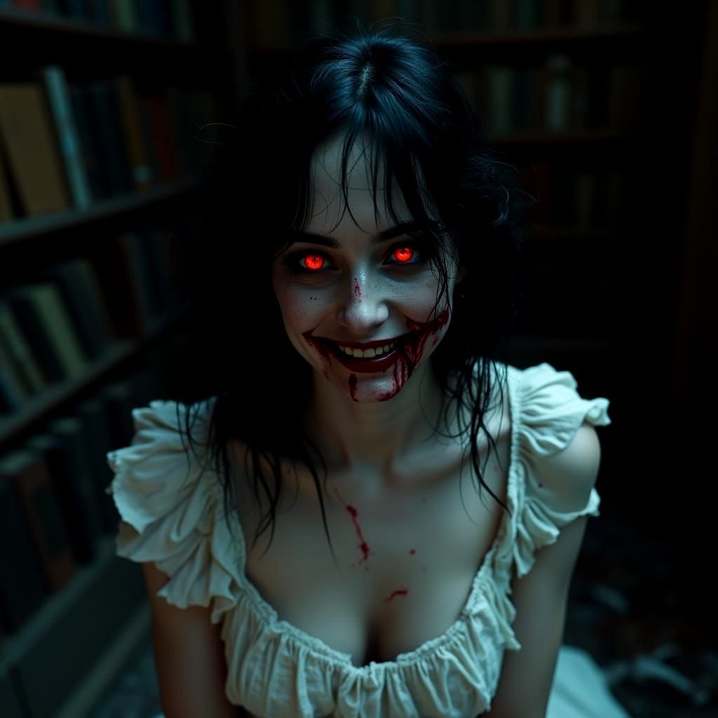 Pale Gothic Beauty in a Haunting Victorian Library