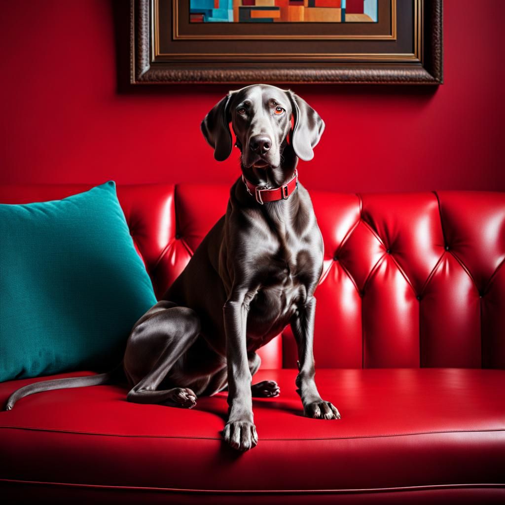 Weimaraner Portrait on a Modern Red Sofa