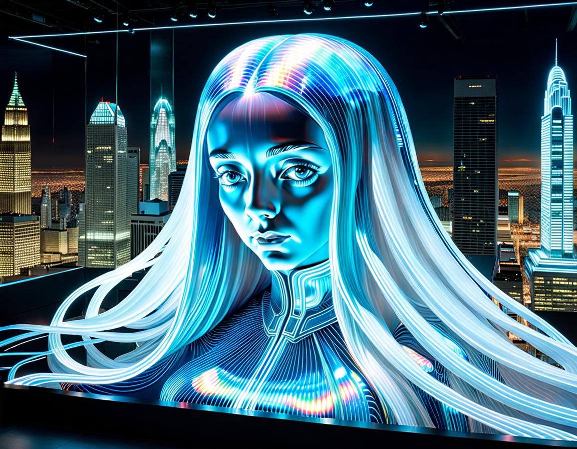 Futuristic Holographic Woman in a Cityscape