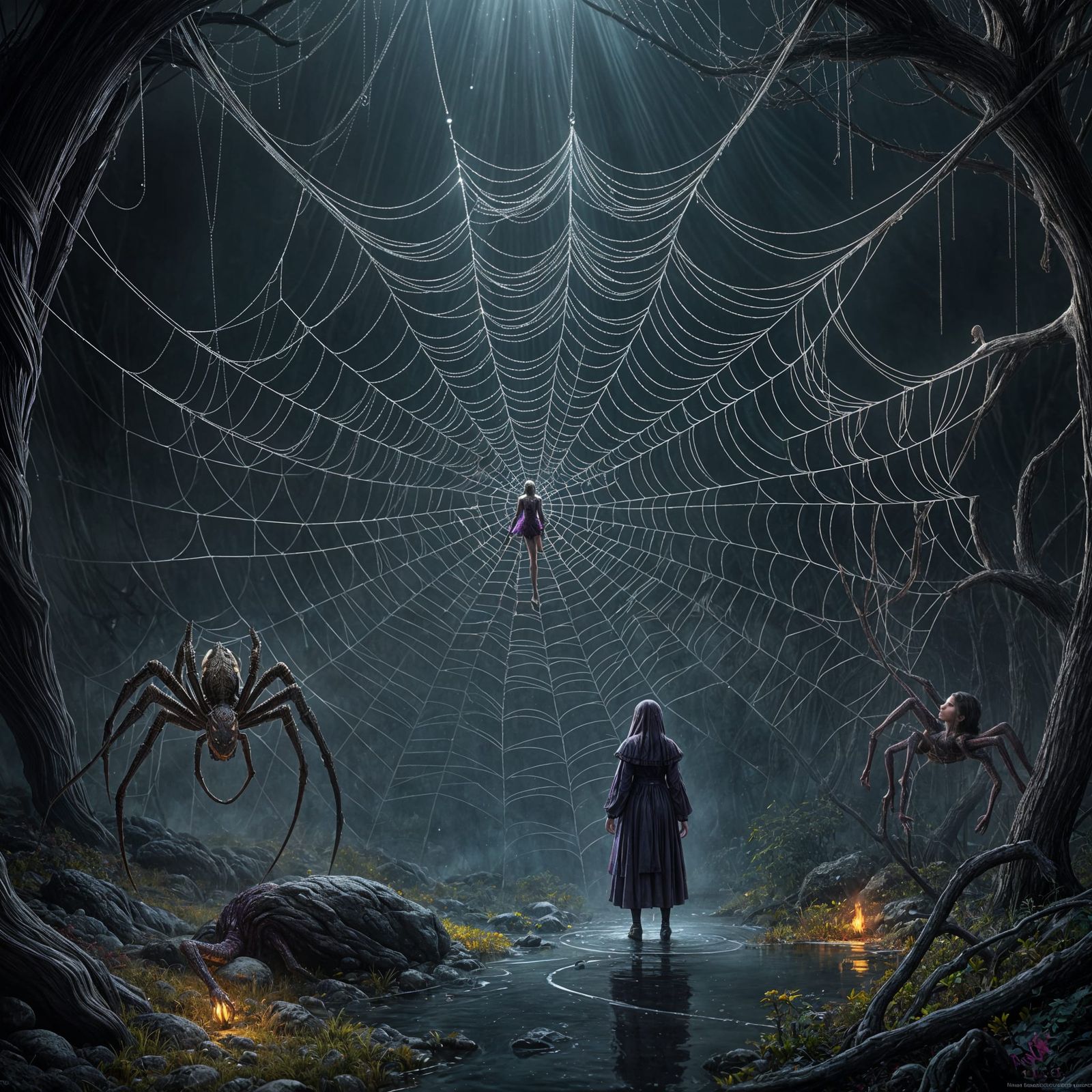 Surreal Spider Web Devouring Young, Dark Fantasy Art