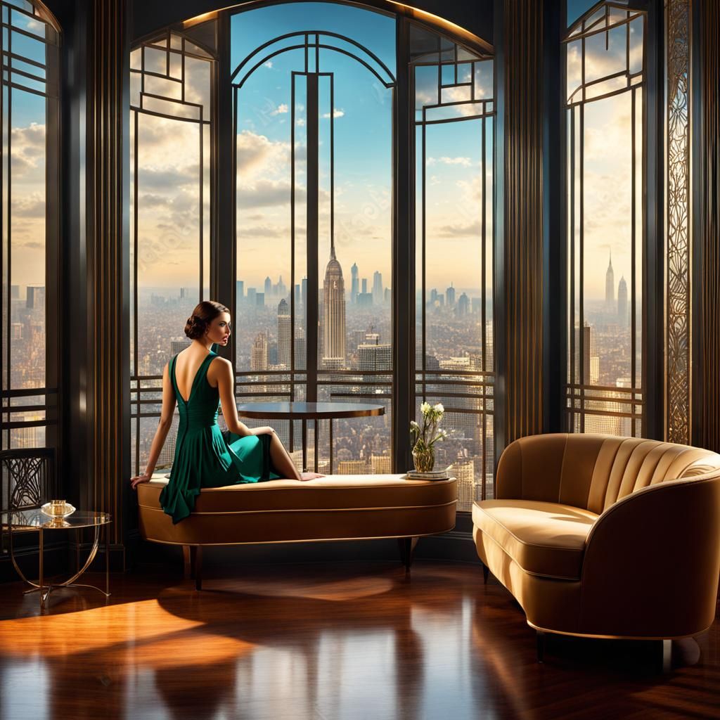 Chic Teenager in Art Deco Cityscape