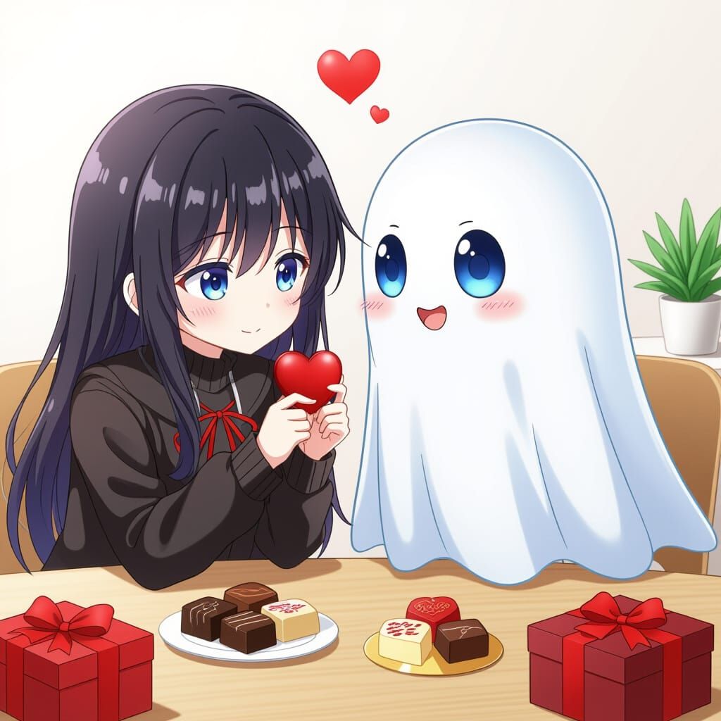 Cute Anime Ghost Couple Sharing Valentine Chocolate