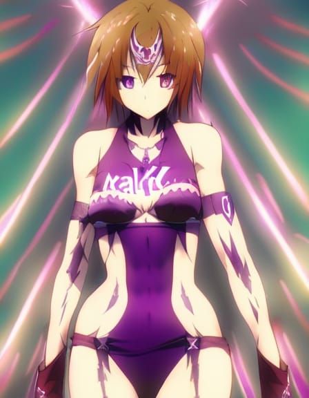 Anime Athlete in Purple Bikini with Red Hair