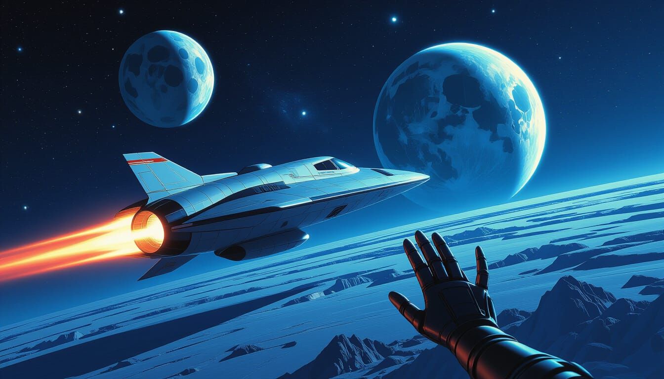 Sci-Fi Spaceship Approaches Planet in Vivid Style