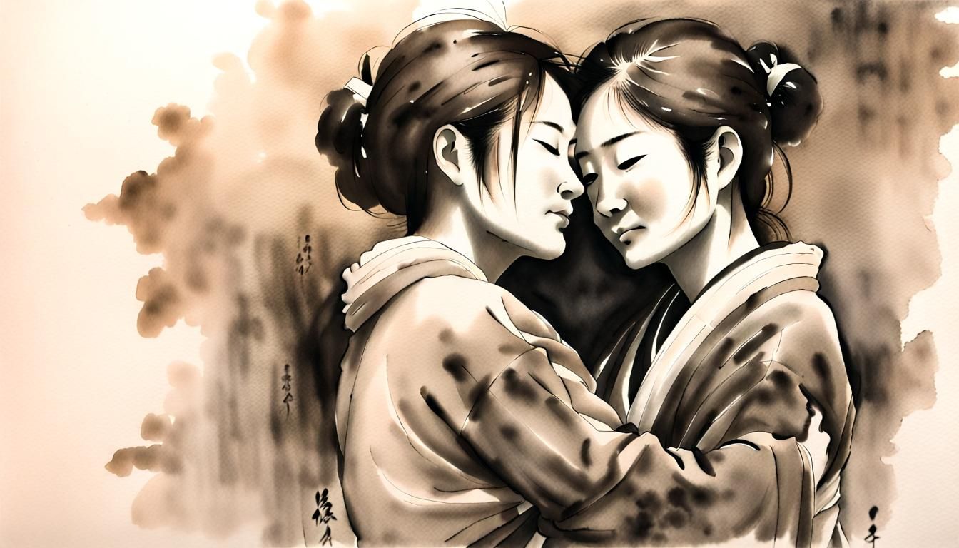 Japanese Lesbian Couple Embracing: Ink Wash Painting