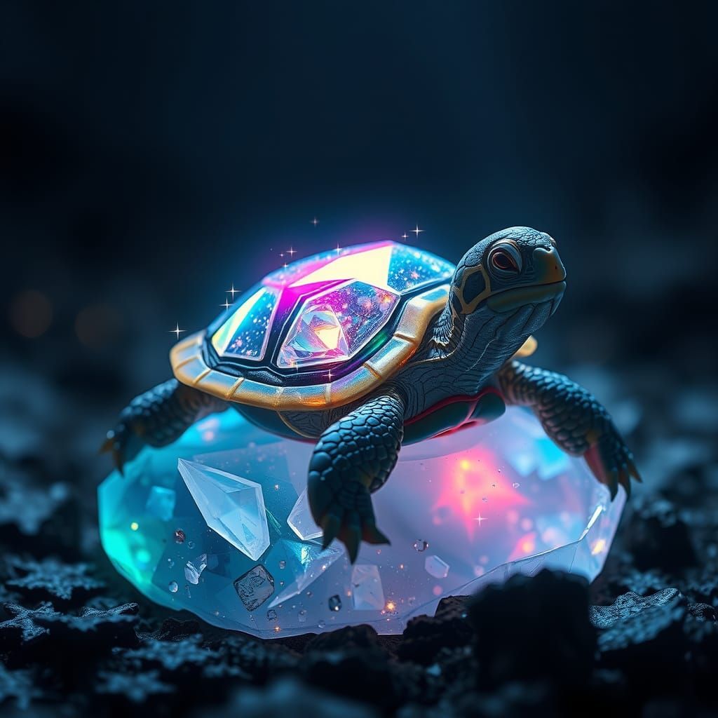 Crystal Turtle with Rainbow and Stars in Digital Art