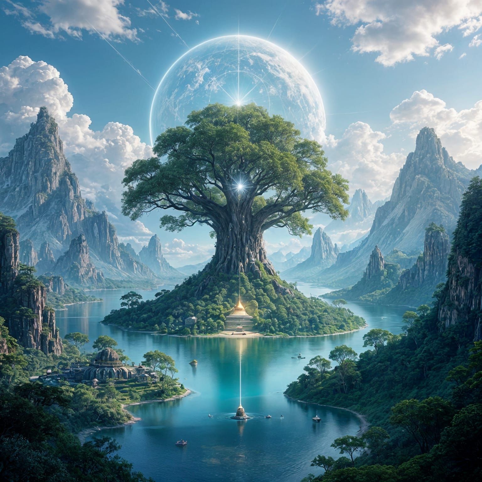 Therelar: Divine Planet with Ancient Tree and Shimmering Cit...