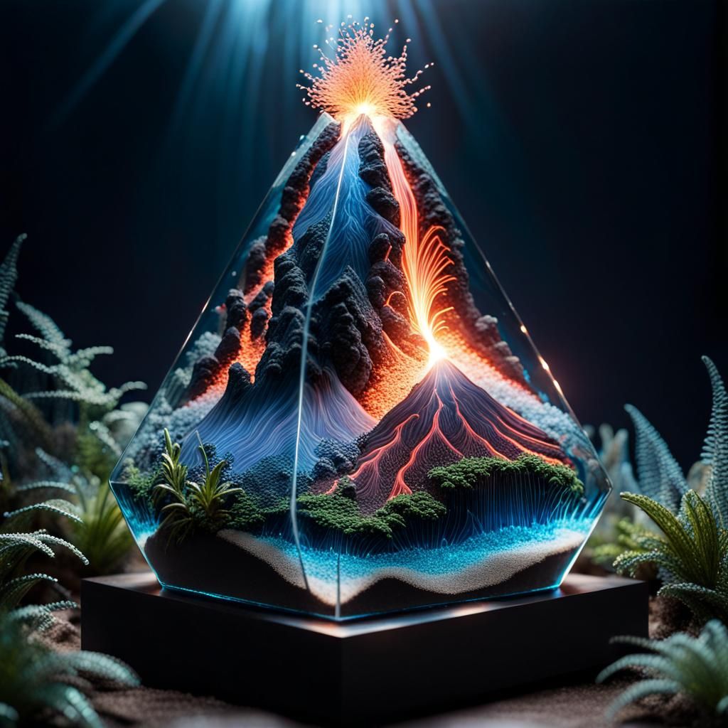 Glass Volcano Eruption in Bioluminescent Terrarium