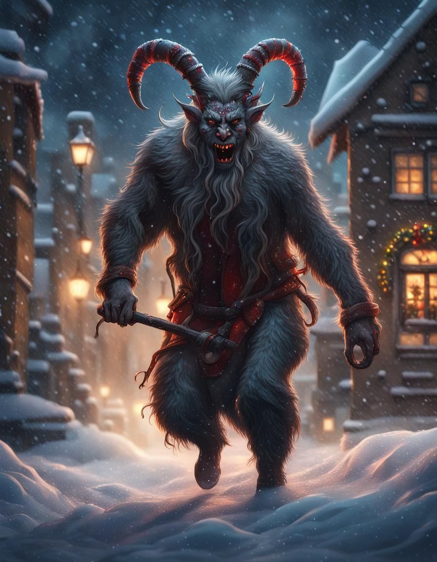Detailed 3D Krampus in Snowy Christmas Town