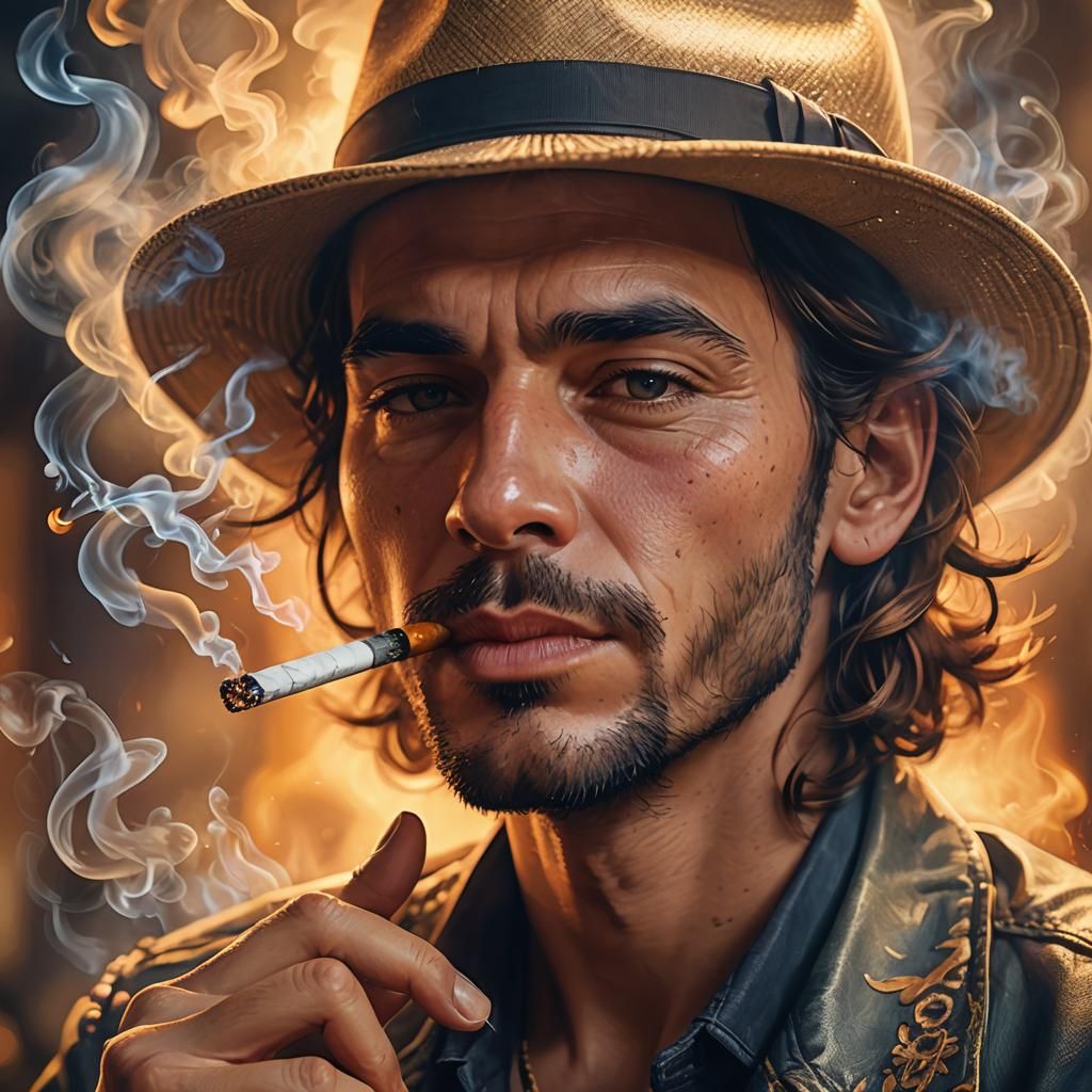 Detailed Portrait of Smoker in Golden Light