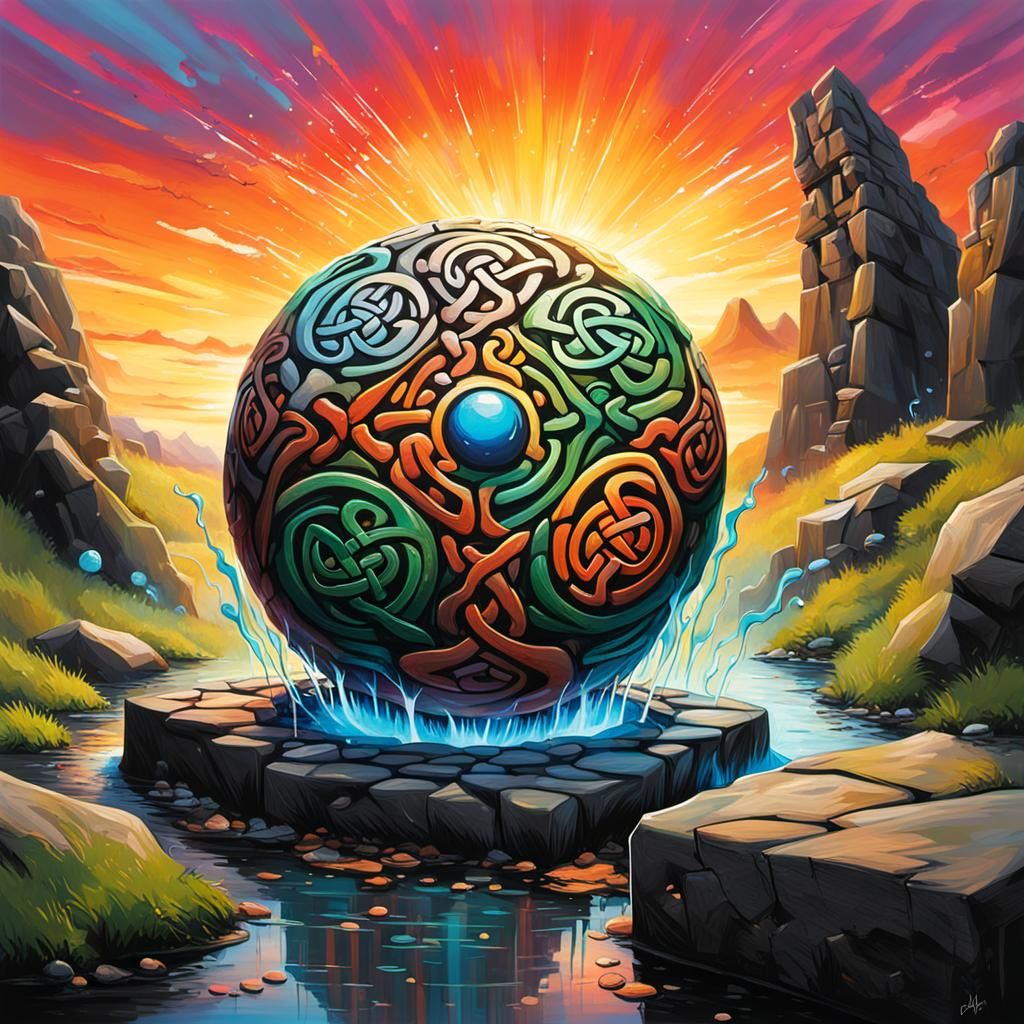 Mystical Orb Over Celtic Stones in Graffiti Art